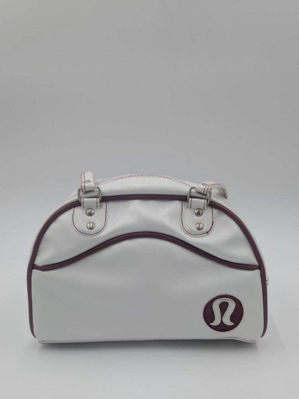 Vintage Lululemon White Leather Retro Bowler Gym Bag Burgundy Trim / Logo